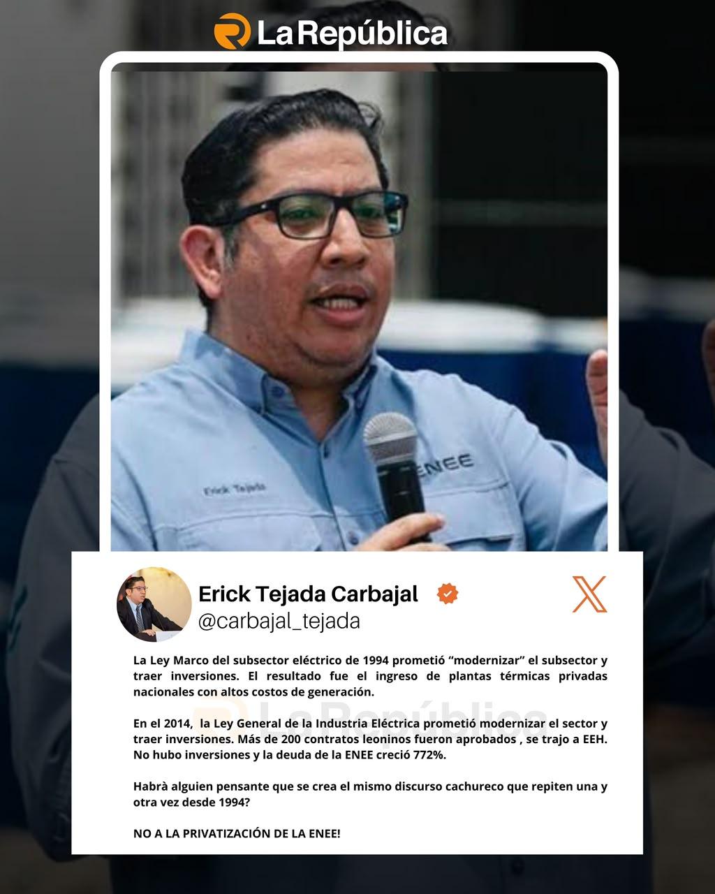 Exsecretario de Energía Erick Tejada rechaza privatización de la ENEE - Cover Image